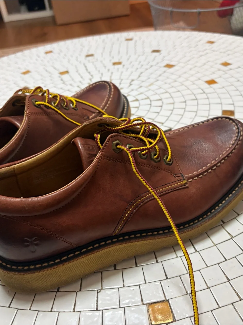Men's Brown Leather Moc Toe Casual Shoes with Yellow Laces